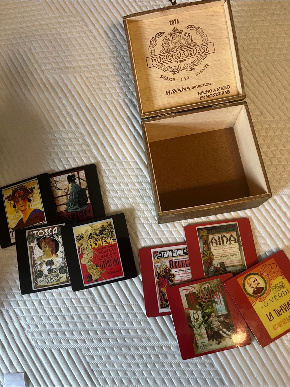 Baccarat Wooden Box and Vintage Opera Coasters in Red and Black